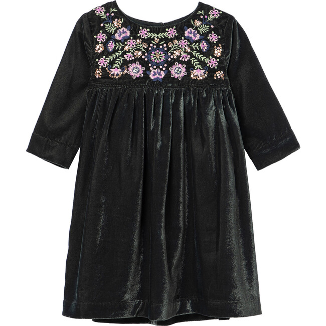 Velvet Embroidered Dress, Green - Dresses - 1