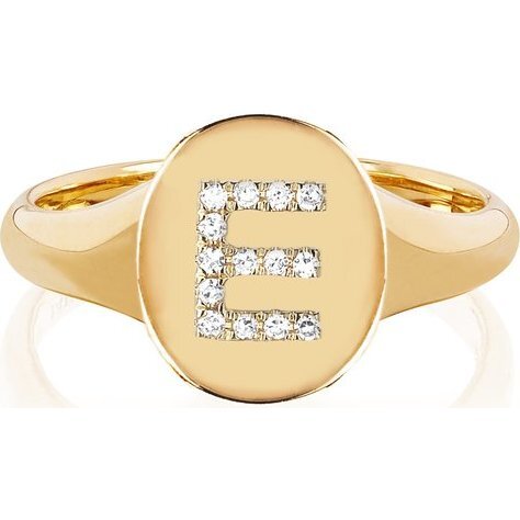 14K Gold Oval Signet With Diamond Initial Ring - Rings - 1