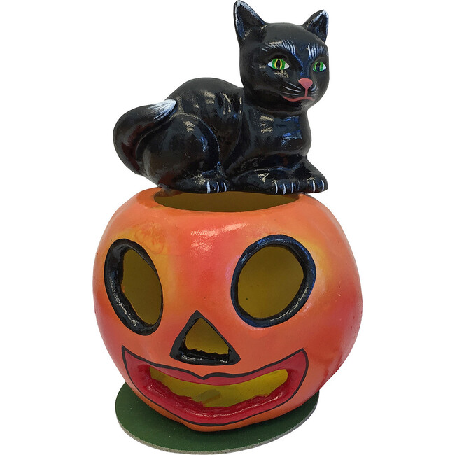 Paper Mache Candy Container, Cat on Pumpkin