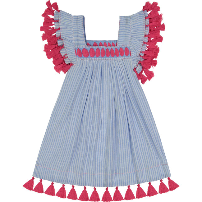 Serena Reversible Tassel Dress, Azure Blue & Stripe - Dresses - 1
