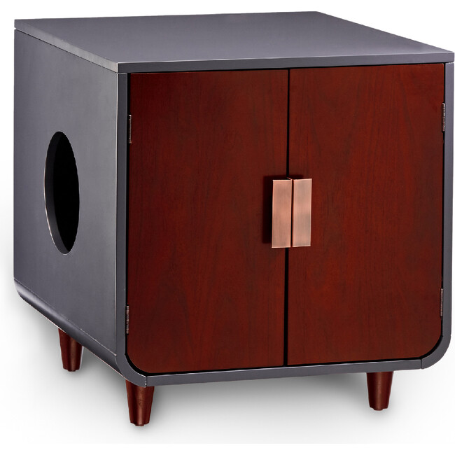 Dyad Mid Century Wooden Cat Litter Box Cabinet and Side Table, Mocha Walnut
