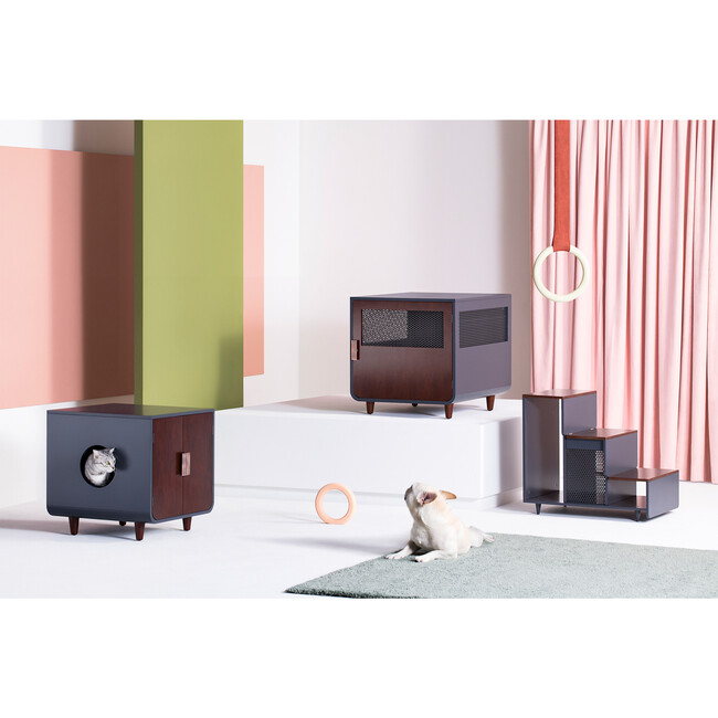 Dyad Mid Century Wooden Cat Litter Box Cabinet and Side Table, Mocha Walnut - Pet Crates & Kennels - 2