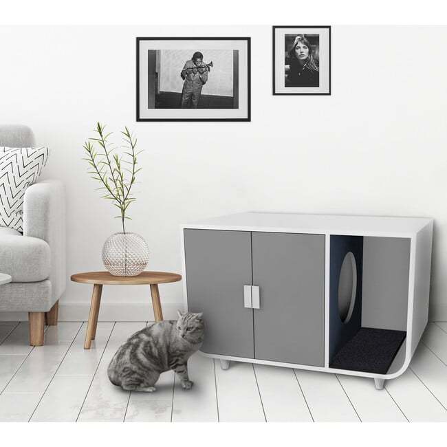 Dyad Large Mid Century Wooden Cat Litter Box Cabinet and Side Table, White - Pet Crates & Kennels - 3