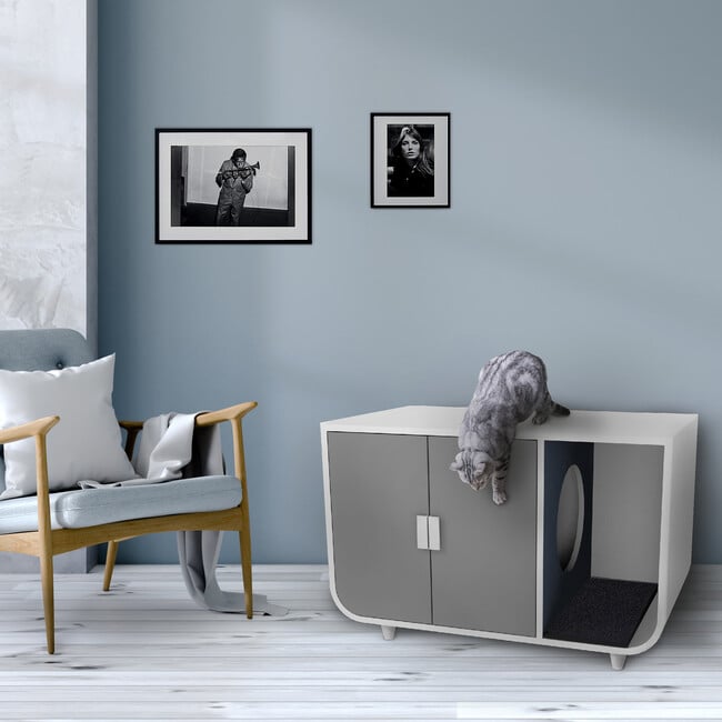 Dyad Large Mid Century Wooden Cat Litter Box Cabinet and Side Table, White - Pet Crates & Kennels - 5