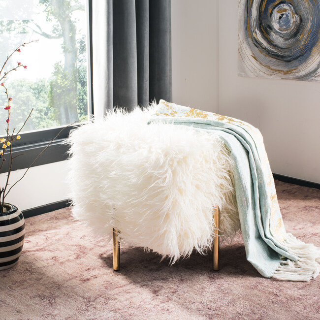 Momina Faux Fur Square Ottoman, White - Ottomans - 2