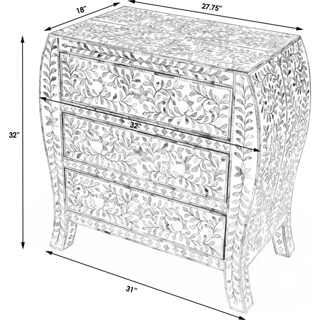 Trubadur Bone Inlay 3-Drawer Chest, Blue/White - Dressers - 10