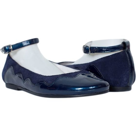 Patent and Suede Ankle Strap Ballet Shoes, Navy - Flats - 1