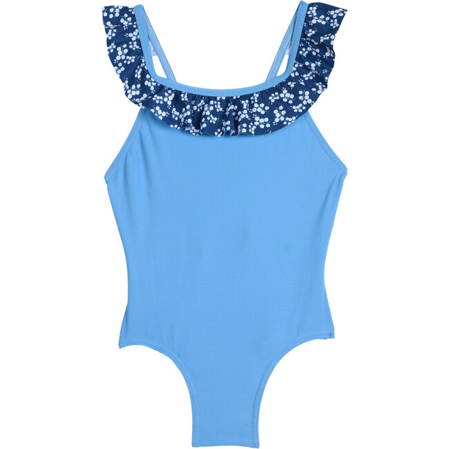 Ruffled Swimsuit, Blue Floral - One Pieces - 1