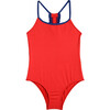 Sporty Ruffles Swimsuit, Red and Blue - One Pieces - 1 - thumbnail