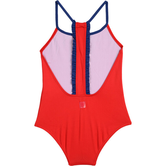 Sporty Ruffles Swimsuit, Red and Blue - One Pieces - 2