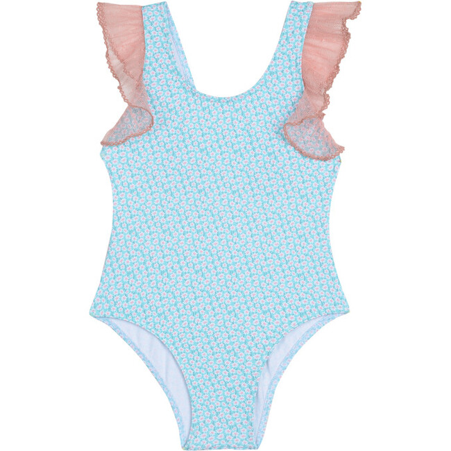 Ruffled Swimsuit, Ditsy Aqua Florals - One Pieces - 1
