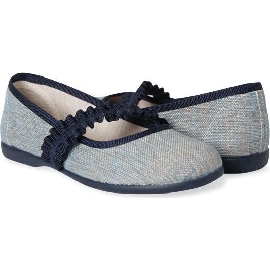 Brushed Linen Mary Janes with Ruched Grosgrain, Blue - Mary Janes - 1