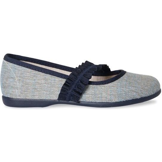 Brushed Linen Mary Janes with Ruched Grosgrain, Blue