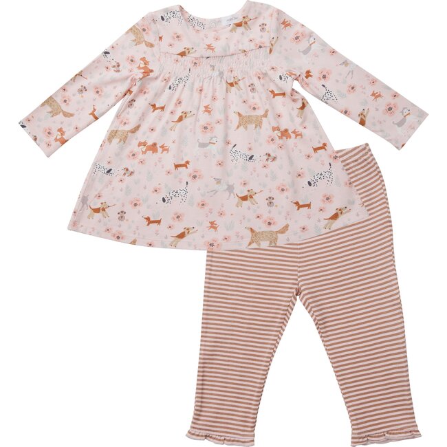 Floral Pups Smocked Top & Leggings, Pink
