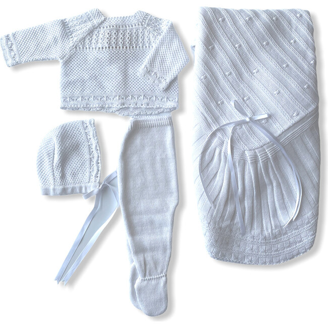 Take Me Home Bundle, White Knitted 3-Piece Set & Blanket