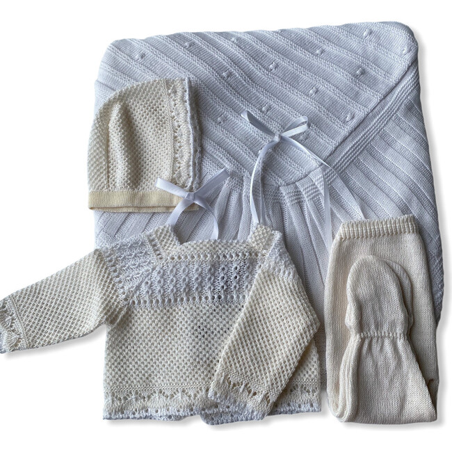 Take Me Home Bundle, Beige & White Knitted 3-Piece Set & Blanket - Mixed Apparel Set - 1