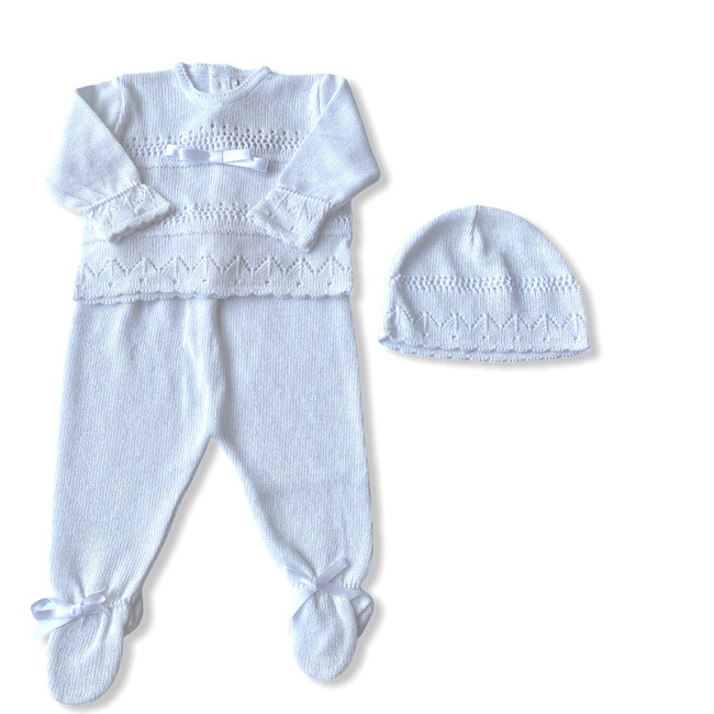 Knitted 3-Piece Set, White with Bow