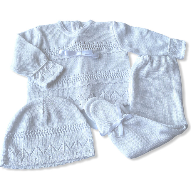 Knitted 3-Piece Set, White with Bow