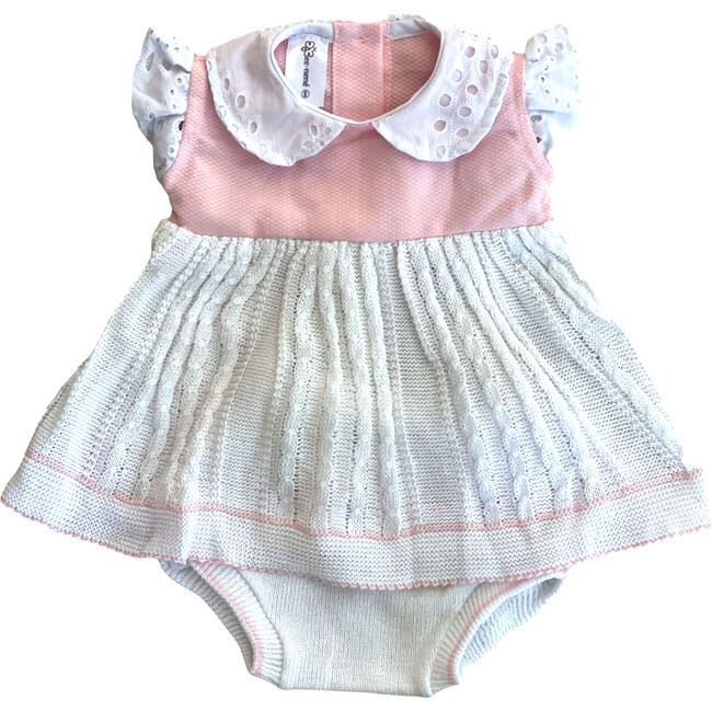 Knitted 3-Piece Set Dress with Bloomer, White with Pink