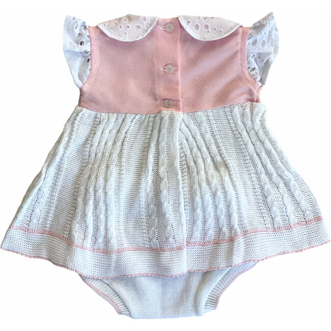 Knitted 3-Piece Set Dress with Bloomer, White with Pink
