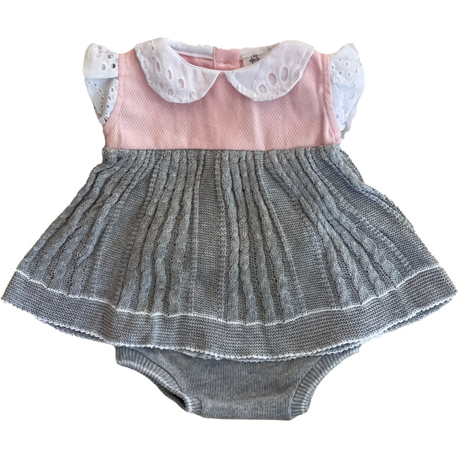 Knitted 2-Piece Set Dress with Bloomer, Pink with Grey