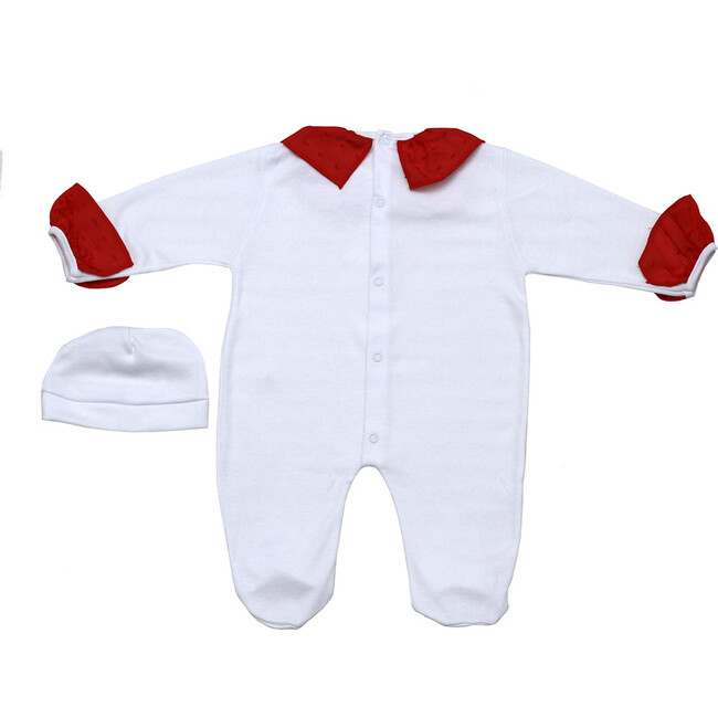 Footed Onesie with Ruffle Trim, White and Red
