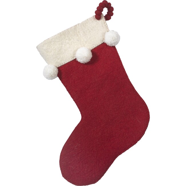 Christmas Stocking in Hand Felted Wool, Pom Poms on Red - Stockings - 1
