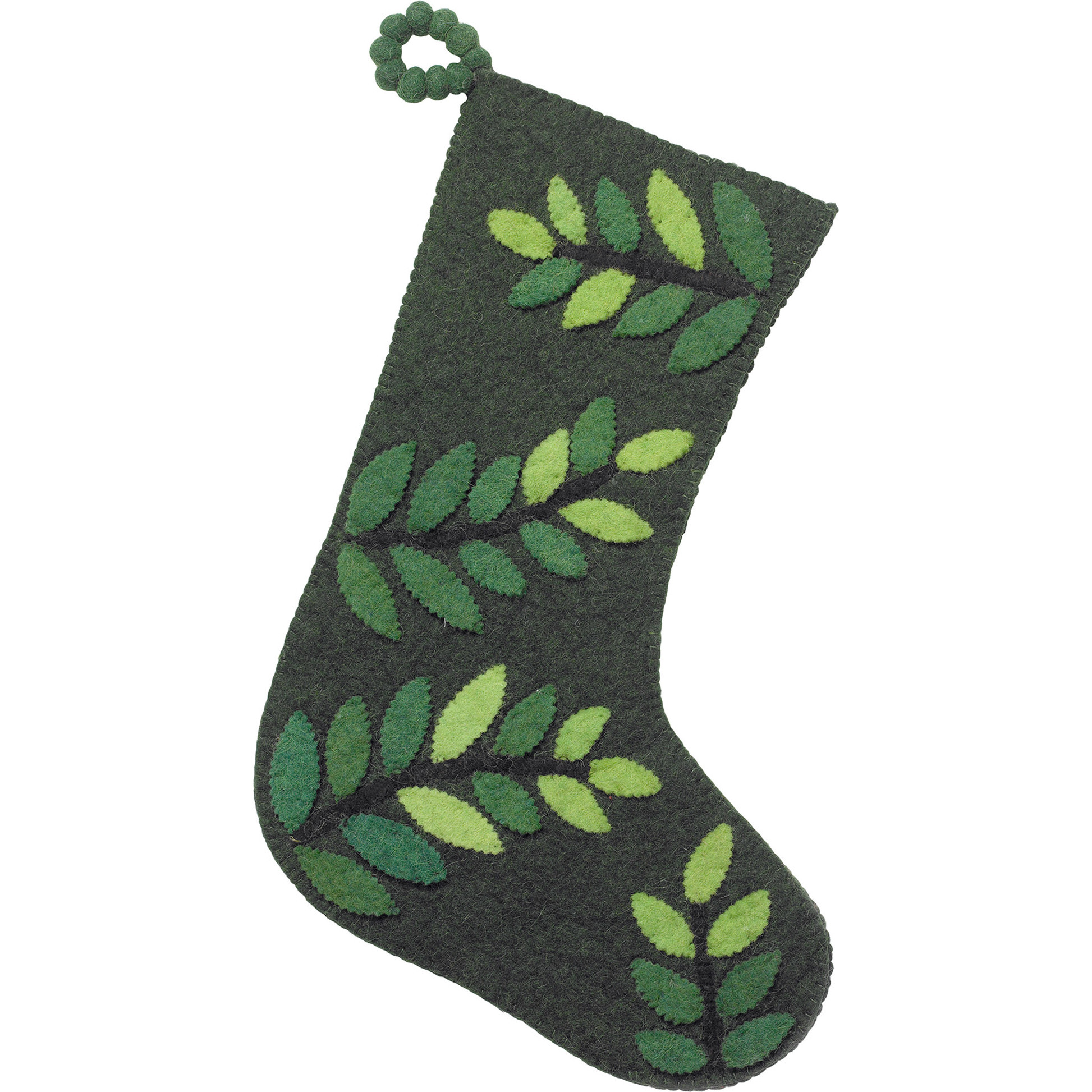 Hand Felted Wool Christmas Stocking - Leaves on Green - Stockings - 1