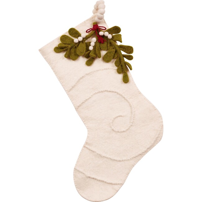 Christmas Stocking in Hand Felted Wool, Mistletoe on Cream