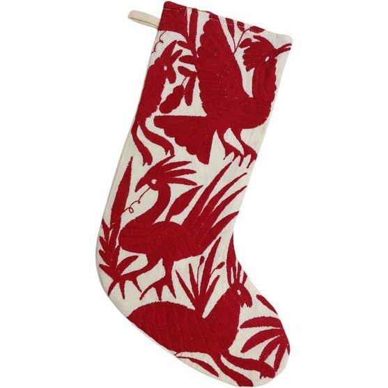 Otomi Embroidered Stocking, Natural/Red - Stockings - 1