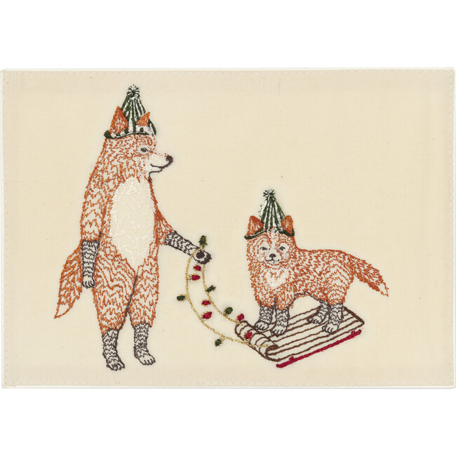 Christmas Fox on Sled Embroidered Card