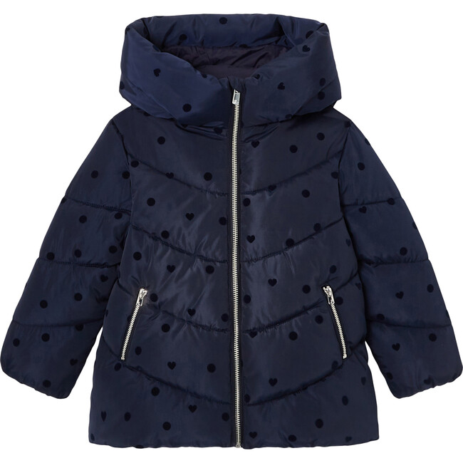 Puffer Polka Dots & Hearts Jacket, Navy Blue - Jackets - 1