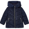 Puffer Polka Dots & Hearts Jacket, Navy Blue - Jackets - 1 - thumbnail