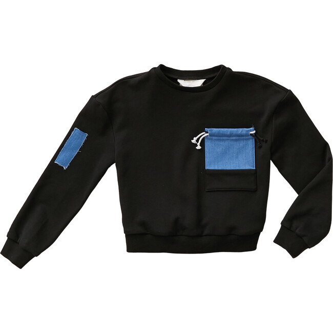 Pleated Denim Kangaroo Pocket Sweatshirt - Sweatshirts - 1