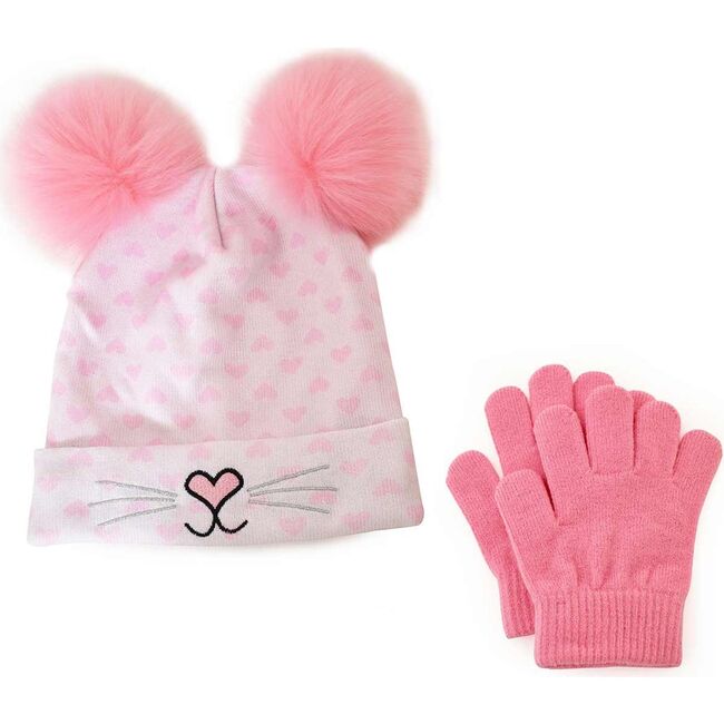 Miss Bella Hearts PomPom Hat & Gloves Set, Pink - Hats - 1