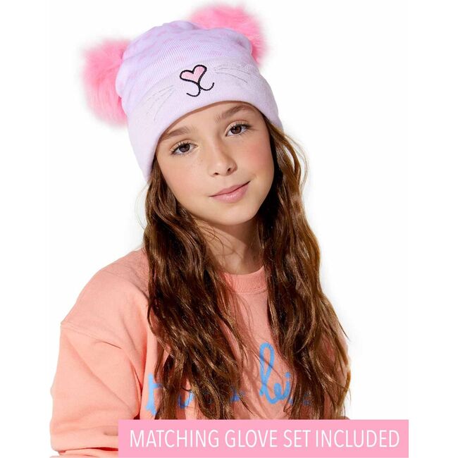 Miss Bella Hearts PomPom Hat & Gloves Set, Pink - Hats - 2