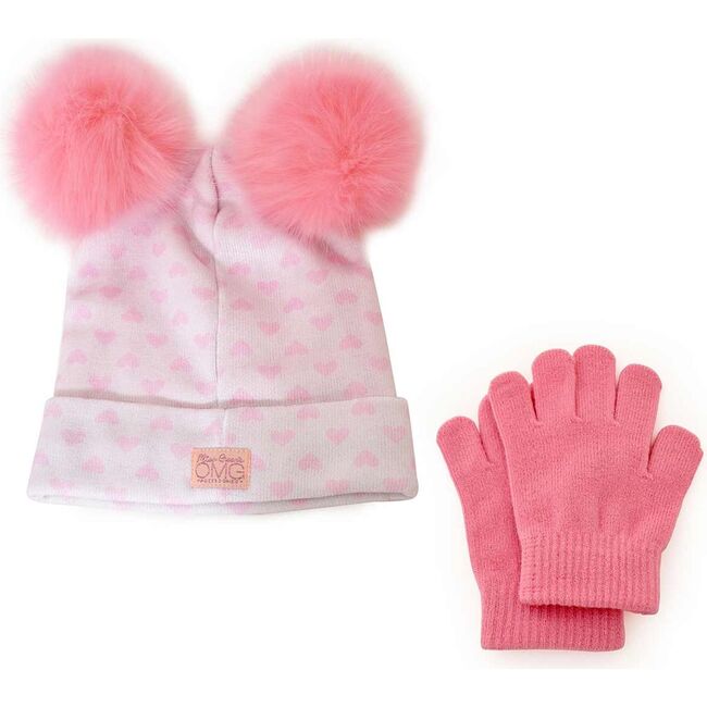 Miss Bella Hearts PomPom Hat & Gloves Set, Pink - Hats - 3