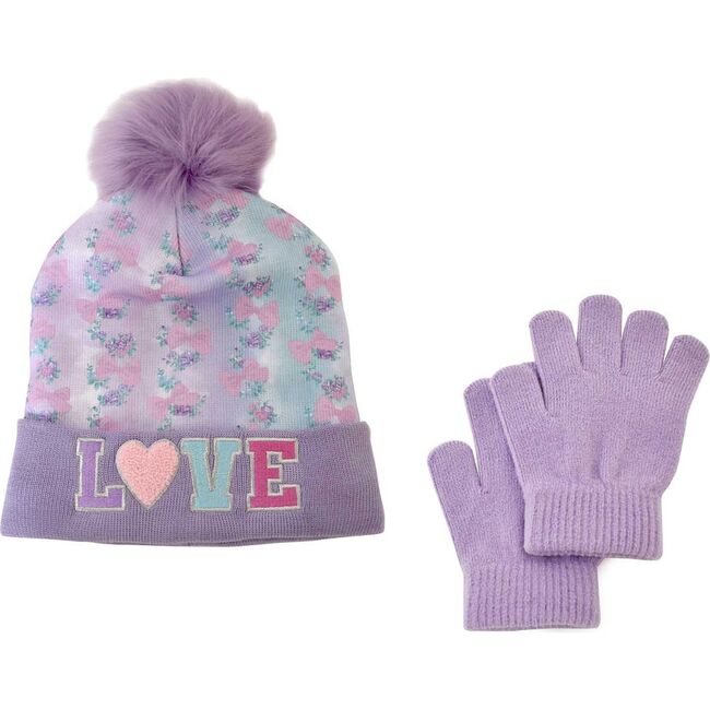 LOVE Ditsy Daze PomPom Hat & Gloves Set, Purple