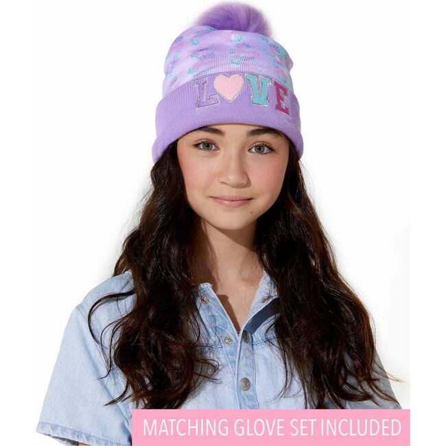 LOVE Ditsy Daze PomPom Hat & Gloves Set, Purple