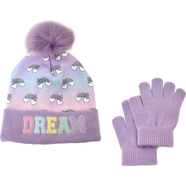 DREAM Ombre Rainbow Print PomPom Hat & Gloves Set, Purple - Hats - 1