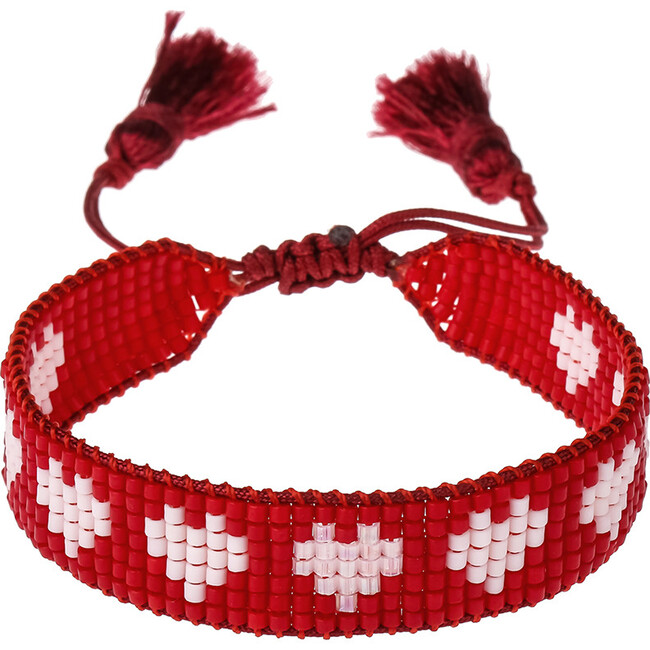 Women's Beaded Bracelet, Red and White Hearts