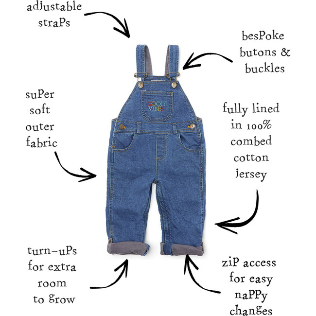 Good Vibes Stonewash Denim Dungarees, Multi - Overalls - 5
