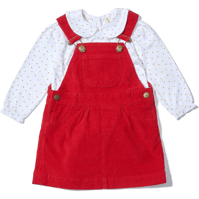 Corduroy Overall Dress, Red - Dresses - 3