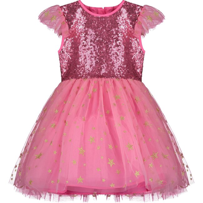 Shimmer Sequin Star Tulle Baby Party Dress, Candy Pink - Dresses - 1