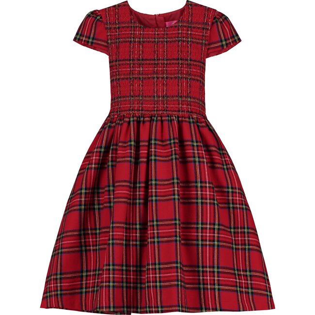 Bonnie Plaid Cotton Smocked Girls Party Dress, Red - Dresses - 1 - zoom