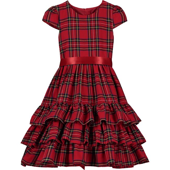 Arabella Plaid Cotton Frill Girls Party Dress, Red