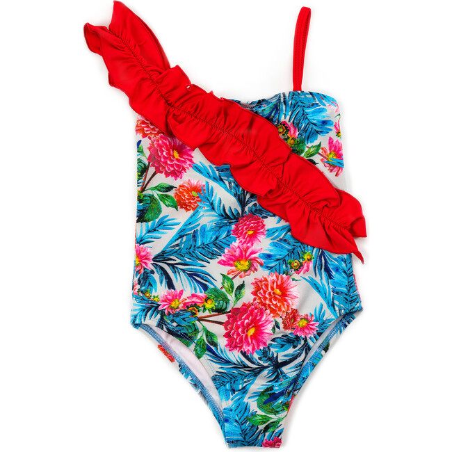 Ruffle Swim, Blue Hibiscus Red - One Pieces - 1