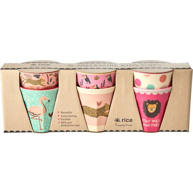 Set of 6 Small Melamine Kids Cups, Pink Jungle