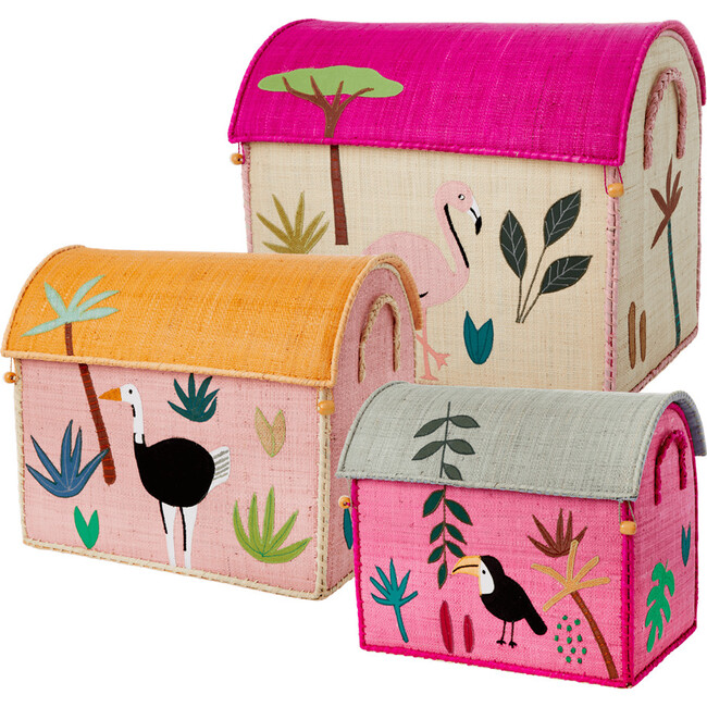 Set of 3 Raffia Storage Baskets, Pink Jungle