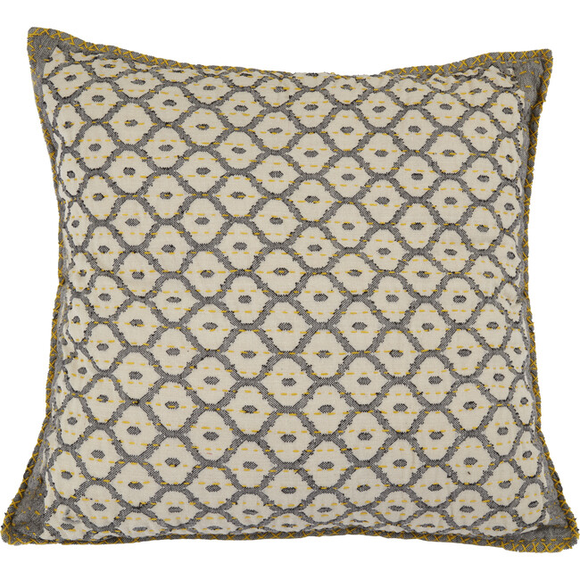 Artisan Hand Loomed Cotton Square Pillow, Gray with Yellow Stitching